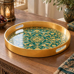 Ramadan Plastic Serving Tray – Green Gold Medallion plastic serving tray shown in a round product view.