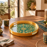 Ramadan Plastic Serving Tray – Green Gold Medallion plastic serving tray shown in a round styled scene.