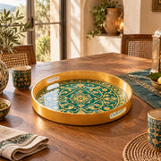 Ramadan Plastic Serving Tray – Green Gold Medallion plastic serving tray shown in a round styled scene.