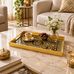 Ramadan Plastic Serving Tray – Black Script Ornate Border plastic serving tray shown in a rectangular styled scene.