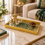 Ramadan Plastic Serving Tray – Green Geometric Script plastic serving tray shown in a rectangular styled scene.