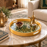 Ramadan Plastic Serving Tray – Green Geometric Script plastic serving tray shown in a round styled scene.