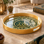 Ramadan Plastic Serving Tray – Green Geometric Script plastic serving tray shown in a round product view.