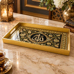 Ramadan Plastic Serving Tray – Grey Script Medallion plastic serving tray shown in a rectangular product view.