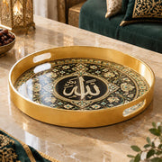 Ramadan Plastic Serving Tray – Grey Script Medallion plastic serving tray shown in a round product view.