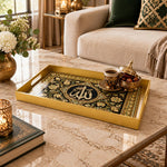 Ramadan Plastic Serving Tray – Grey Script Medallion plastic serving tray shown in a rectangular styled scene.