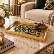 Ramadan Plastic Serving Tray – Grey Script Medallion plastic serving tray shown in a rectangular styled scene.