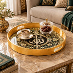 Ramadan Plastic Serving Tray – Grey Script Medallion plastic serving tray shown in a round styled scene.