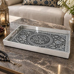 Ramadan Plastic Serving Tray – Teal Geometric Script plastic serving tray shown in a rectangular product view.