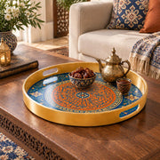 Ramadan Plastic Serving Tray – Blue Orange Medallion plastic serving tray shown in a round styled scene.