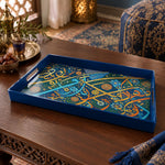 Ramadan Plastic Serving Tray – Navy and Gold Script plastic serving tray shown in a rectangular product view.