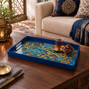 Ramadan Plastic Serving Tray – Navy and Gold Script plastic serving tray shown in a rectangular styled scene.