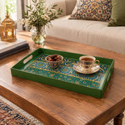 Ramadan Plastic Serving Tray – Green and Gold Script plastic serving tray shown in a rectangular styled scene.