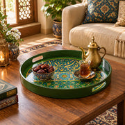 Ramadan Plastic Serving Tray – Green and Gold Script plastic serving tray shown in a round styled scene.