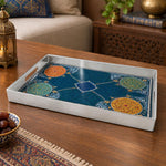 Ramadan Plastic Serving Tray – Silver Blue Medallion plastic serving tray shown in a rectangular product view.