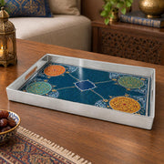 Ramadan Plastic Serving Tray – Silver Blue Medallion plastic serving tray shown in a rectangular product view.