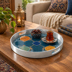 Ramadan Plastic Serving Tray – Silver Blue Medallion plastic serving tray shown in a round styled scene.