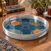 Ramadan Plastic Serving Tray – Silver Blue Medallion plastic serving tray shown in a round product view.