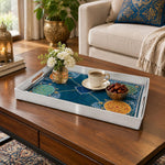 Ramadan Plastic Serving Tray – Silver Blue Medallion plastic serving tray shown in a rectangular styled scene.