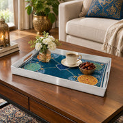 Ramadan Plastic Serving Tray – Silver Blue Medallion plastic serving tray shown in a rectangular styled scene.
