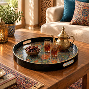 Ramadan Plastic Serving Tray – Black Colour Medley plastic serving tray shown in a round styled scene.