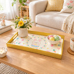 Easter Decorative Serving Tray – Gold Folk Egg Medallion plastic serving tray shown in a rectangular styled scene.