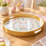 Easter Decorative Serving Tray – Gold Folk Egg Medallion plastic serving tray shown in a round product view.