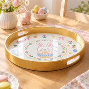 Easter Decorative Serving Tray – Gold Folk Egg Medallion plastic serving tray shown in a round product view.