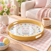 Easter Decorative Serving Tray – Gold Folk Egg Medallion plastic serving tray shown in a round styled scene.