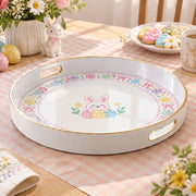 Easter Decorative Serving Tray – Grey Blue Folk Egg plastic serving tray shown in a round product view.