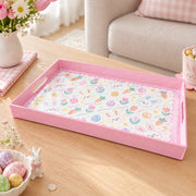 Easter Decorative Serving Tray – Pink Folk Egg Medallion plastic serving tray shown in a rectangular product view.