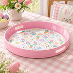 Easter Decorative Serving Tray – Pink Folk Egg Medallion plastic serving tray shown in a round product view.