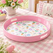 Easter Decorative Serving Tray – Pink Folk Egg Medallion plastic serving tray shown in a round product view.