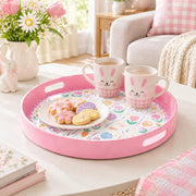 Easter Decorative Serving Tray – Pink Folk Egg Medallion plastic serving tray shown in a round styled scene.