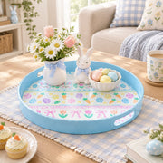 Easter Decorative Serving Tray – Blue Folk Floral Medley plastic serving tray shown in a round styled scene.