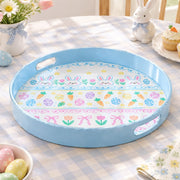 Easter Decorative Serving Tray – Blue Folk Floral Medley plastic serving tray shown in a round product view.