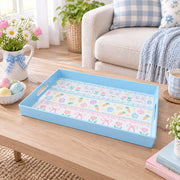 Easter Decorative Serving Tray – Blue Folk Floral Medley plastic serving tray shown in a rectangular styled scene.