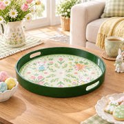 Easter Decorative Serving Tray – Green Folk Floral plastic serving tray shown in a round styled scene.
