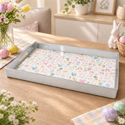Easter Decorative Serving Tray – Silver Folk Egg Medallion plastic serving tray shown in a rectangular product view.