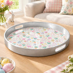 Easter Decorative Serving Tray – Silver Folk Egg Medallion plastic serving tray shown in a round product view.