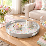 Easter Decorative Serving Tray – Silver Folk Egg Medallion plastic serving tray shown in a round styled scene.