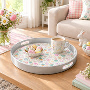 Easter Decorative Serving Tray – Silver Folk Egg Medallion plastic serving tray shown in a round styled scene.