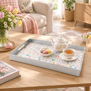 Easter Decorative Serving Tray – Silver Folk Egg Medallion plastic serving tray shown in a rectangular styled scene.