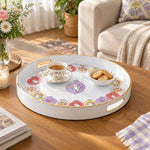 Easter Decorative Serving Tray – Cream Folk Egg Medallion plastic serving tray shown in a round styled scene.