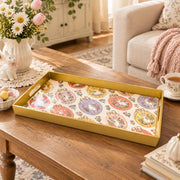 Easter Decorative Serving Tray – Gold Folk Bloom Medley plastic serving tray shown in a rectangular styled scene.