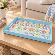 Easter Decorative Serving Tray – Blue Bunny Floral plastic serving tray shown in a rectangular product view.