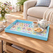 Easter Decorative Serving Tray – Blue Bunny Floral plastic serving tray shown in a rectangular styled scene.