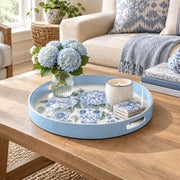 Easter Decorative Serving Tray – Blue Bunny Floral plastic serving tray shown in a round styled scene.