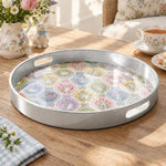 Easter Decorative Serving Tray – Pink Folk Medley Allover plastic serving tray shown in a round product view.