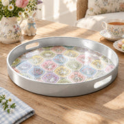 Easter Decorative Serving Tray – Pink Folk Medley Allover plastic serving tray shown in a round product view.